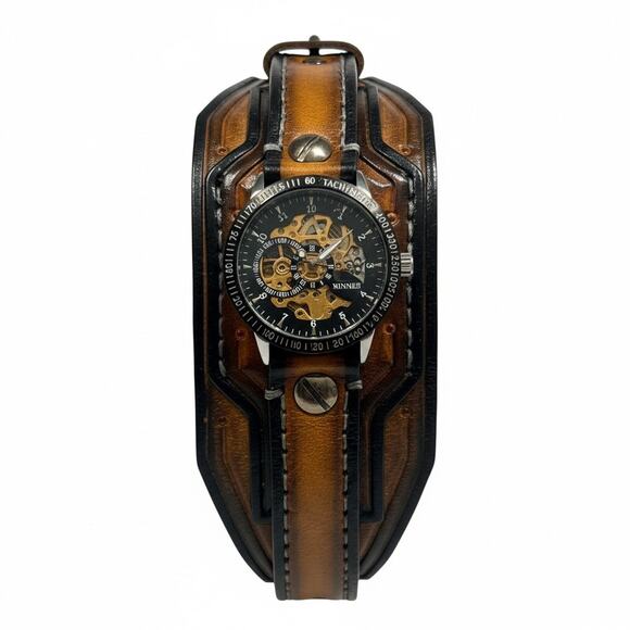 Winner Mechanical Skeleton Watch-Wide Leather Cuff Band-Steampunk-Mens-Gothic - Picture 1 of 8